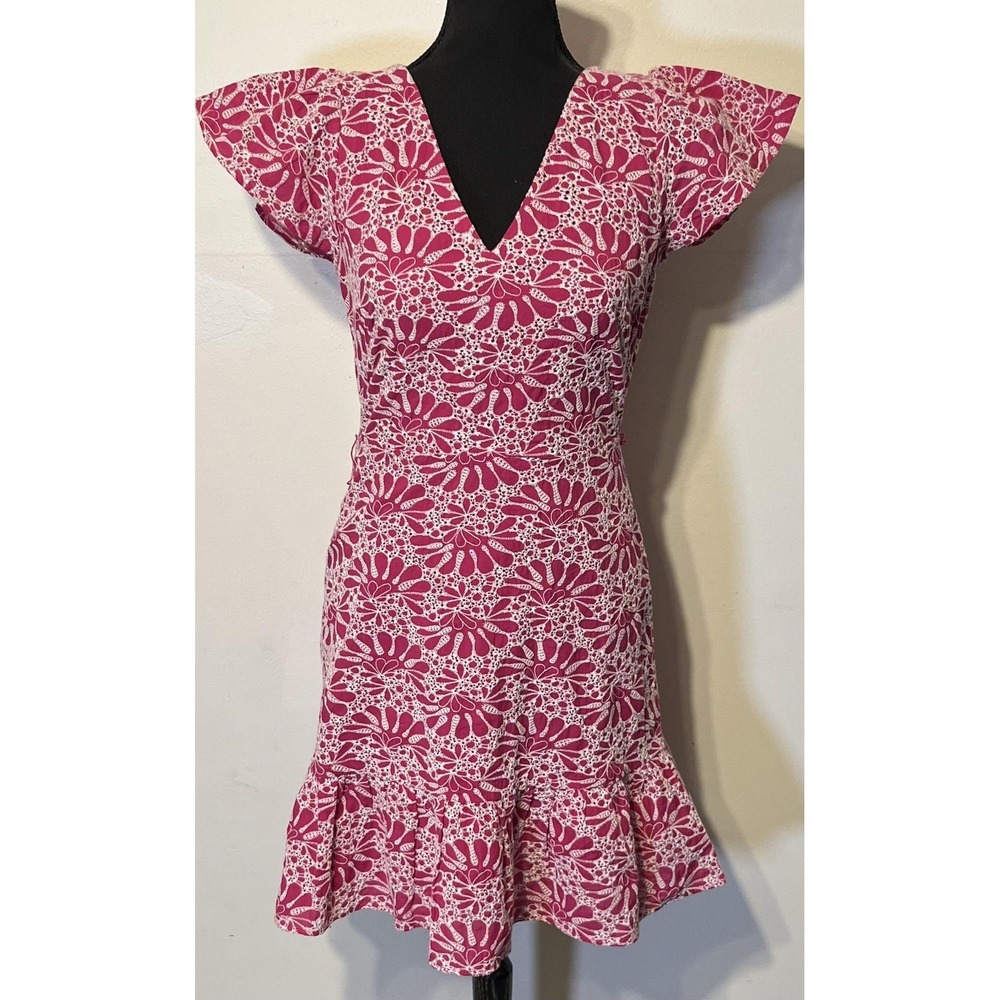 LOFT Dress Womens 0 Pink Floral Lace V Neck‎ Flutter Sleeve Tie Waist Ruffle Hem